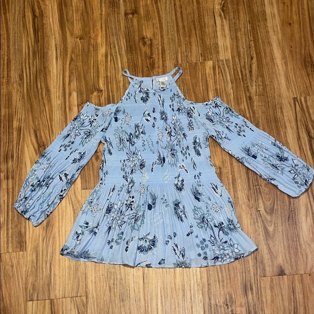 Spense women’s medium 8 10 blouse top Blue Floral Cold Shoulder pleated nwt